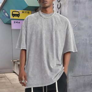 Men's Loose-Fitting Retro Acid Wash Plus Size T-Shirt, Pure Cotton Solid Color Plus Size T-Shirt