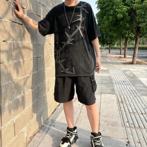 Printed T-Shirt, Retro Loose Plus Size T-Shirt, Street Casual Acid Wash Men's Top